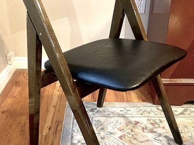 Four Elegant Wood/Black Leather Folding Chairs