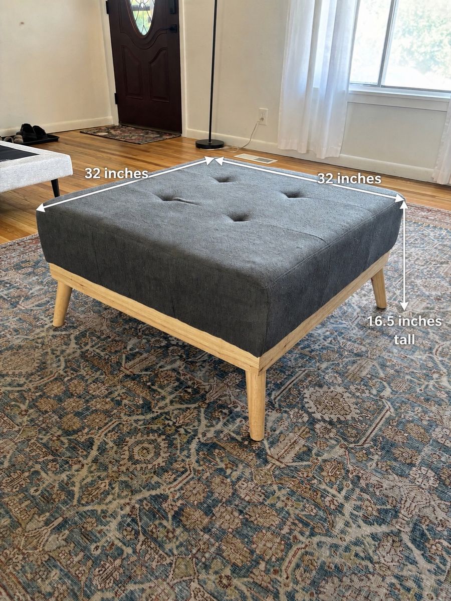 Mid-Century Modern Charcoal Gray Tufted Square Ottoman with Wooden Base (32" x 32")