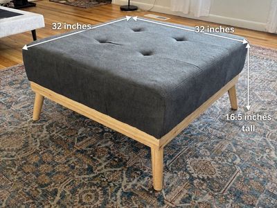 Mid-Century Modern Charcoal Gray Tufted Square Ottoman with Wooden Base (32" x 32")