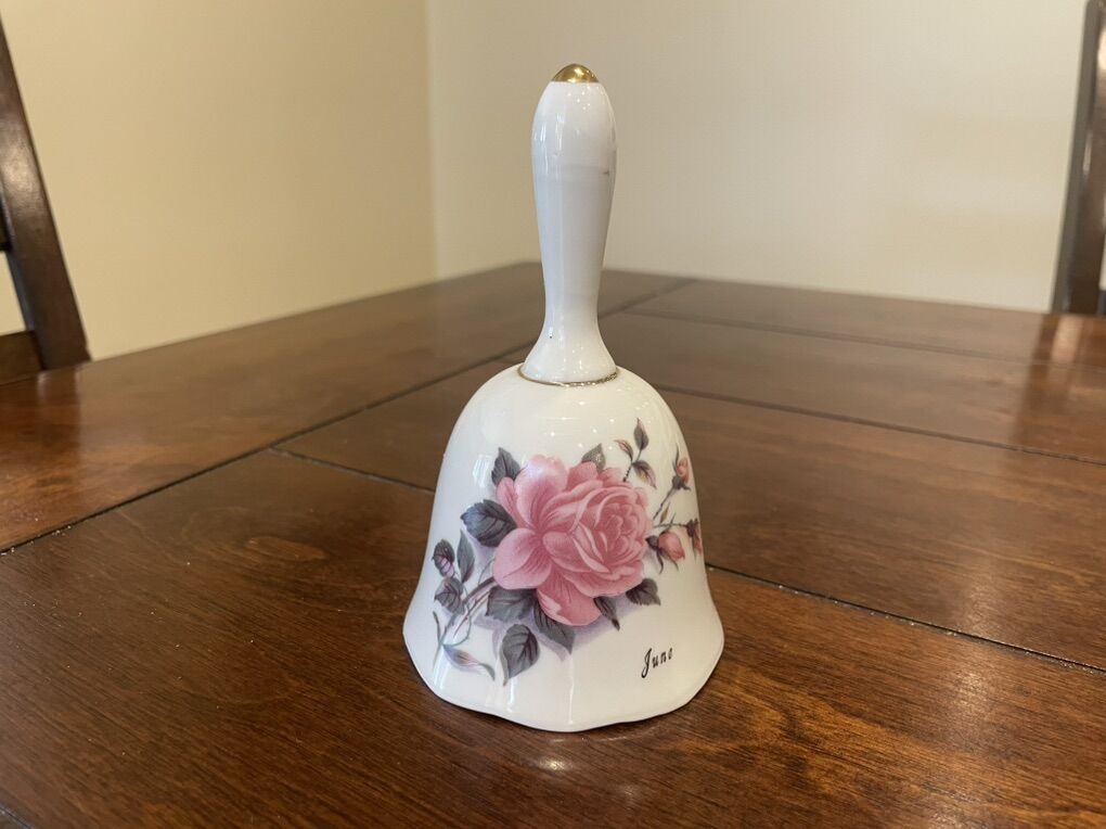Bell W/ Pink Rose & June On It Gold Trim