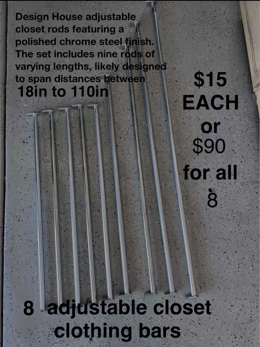 Closet Rod Set  x8 Piece Adjustable Chrome Steel - 18-110 inch Span, Polished Finish