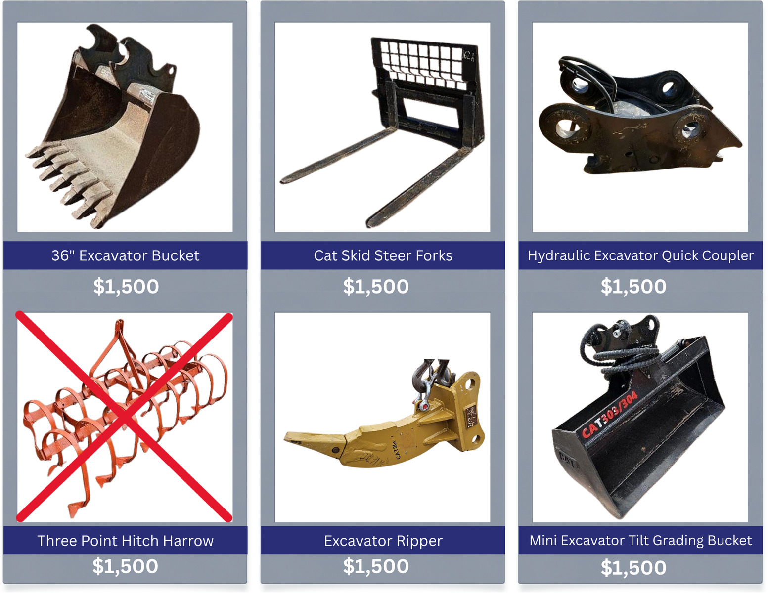 Excavator, Skid Steer, Loader, Tractor, and Backhoe Attachments-Bucket, Forks, Coupler, Harrow, Ripper, Grading, Scraper, Hitch,