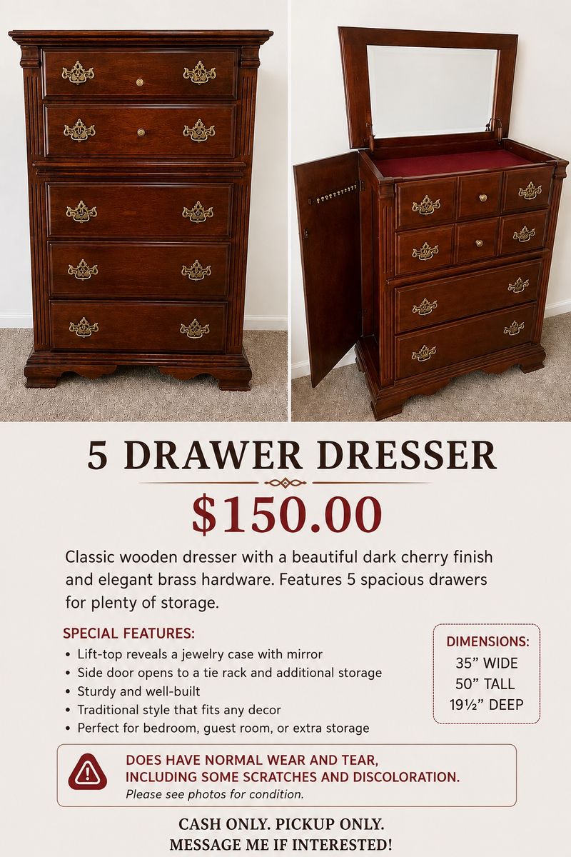 Classic Wooden 5-Drawer Dresser with Lift-Top Jewelry Mirror and Side Tie Rack Storage