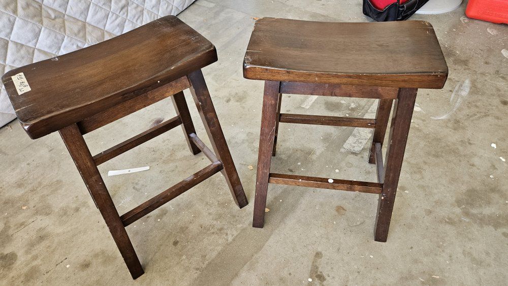 Pair of Dark Stain Wooden Saddle Bar Stools