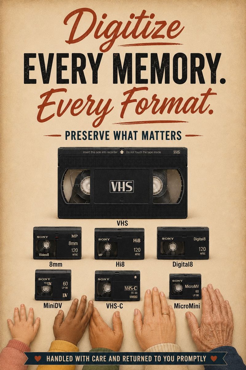 Transfer / Digitize Mini DV Hi-8- VHS VHS-C memory tapes with a Fast Prompt Turnaround