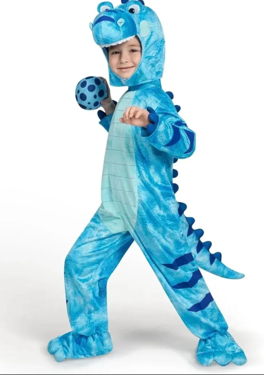 New Spooktacular Creations Realistic Blue T-Rex Costume, Dinosaur Costume with Toy Egg for Kids, Toddler 3T/4T