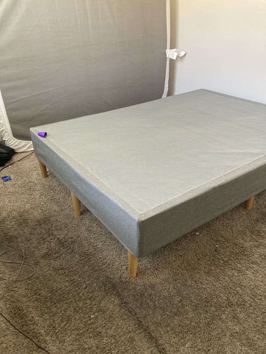 Gray Upholstered Queen Bed Frame Foundation with Wooden Legs
