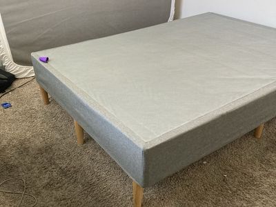 Gray Upholstered Queen Bed Frame Foundation with Wooden Legs