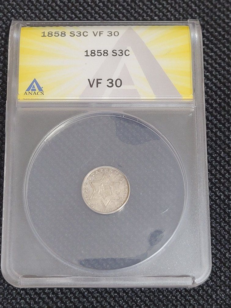 1858 US Three Cent Silver Coin - ANACS VF 30 Graded