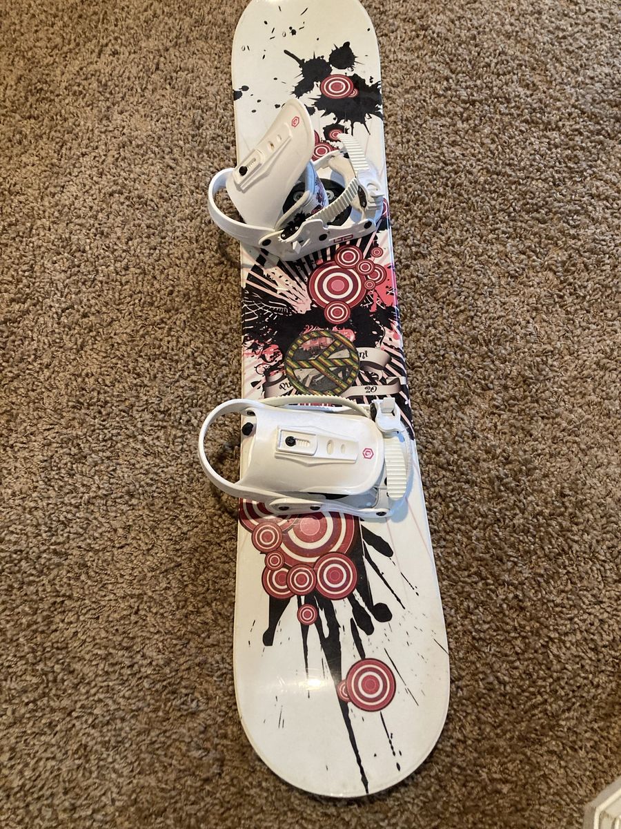 Snowboard with White Bindings