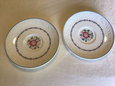 Wedgwood Evenlode 2 embossed saucers blue pink cottagecore