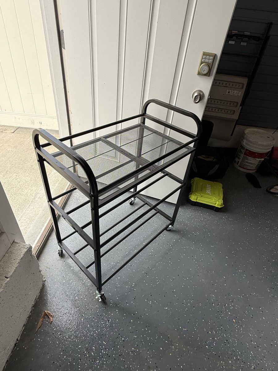 Black Metal Rolling Storage Cart with 3 Shelves - Mesh Top, Industrial Style