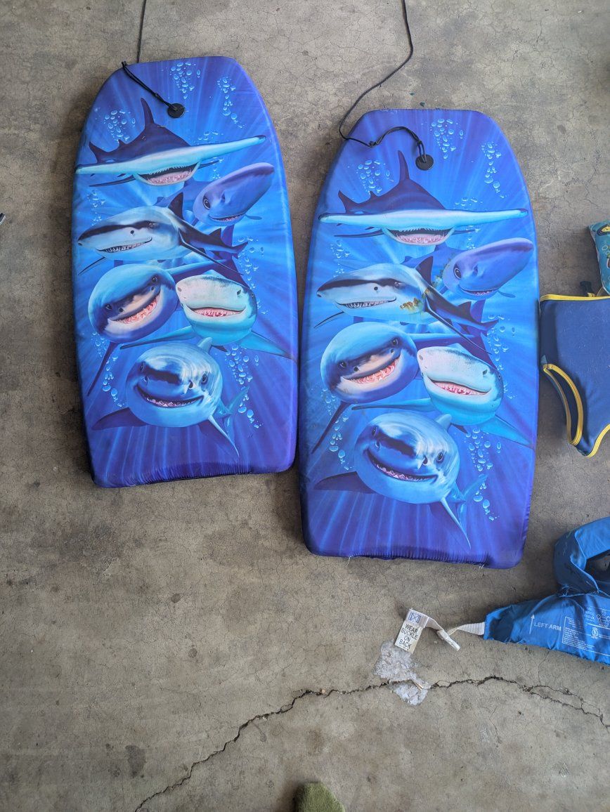 Pair of Shark Graphic Bodyboards / Boogie Boards with Leashes