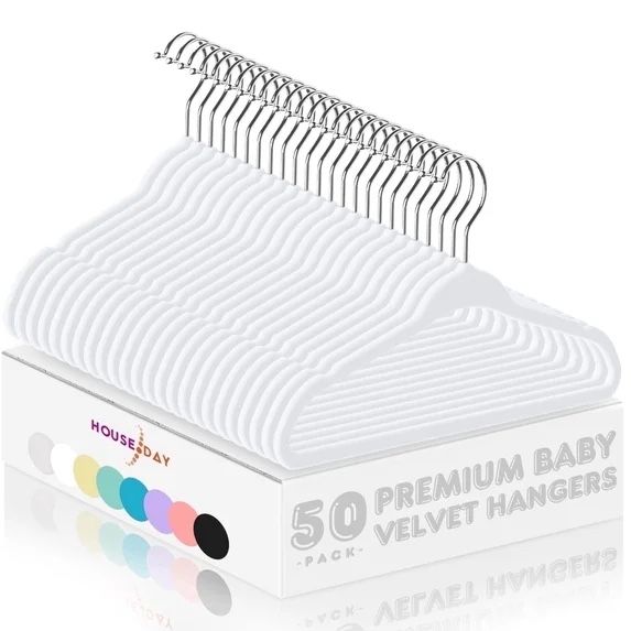 HOUSE DAY 50-Pack Premium Baby Velvet Hangers - White Non-Slip Space Saving Flocked Kids Clothes Hangers