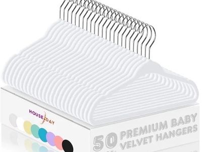HOUSE DAY 50-Pack Premium Baby Velvet Hangers - White Non-Slip Space Saving Flocked Kids Clothes Hangers