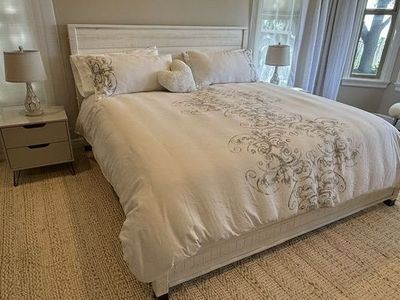 King Size Panel Bed, Dresser, Nightstands, Lamps, Mattress, Rug - Shabby White