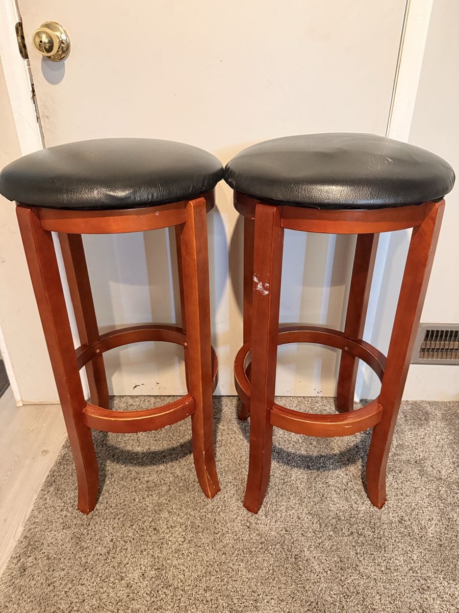 Set of 2 Wood Bar Stools with Black Padded Seats