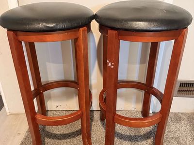 Set of 2 Wood Bar Stools with Black Padded Seats