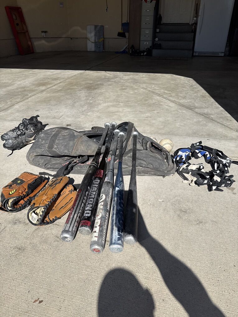 Softball Bats, Balls, Gloves, Bag