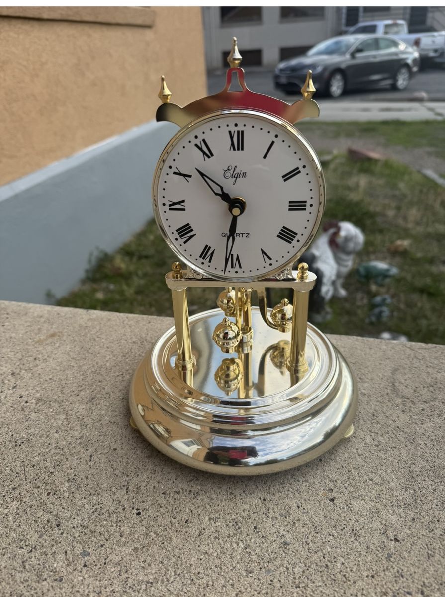 Vintage Elgin Quartz Anniversary Clock - Brass Finish, Roman Numerals, Dome Top