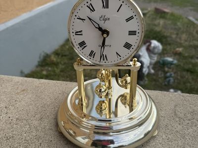 Vintage Elgin Quartz Anniversary Clock - Brass Finish, Roman Numerals, Dome Top