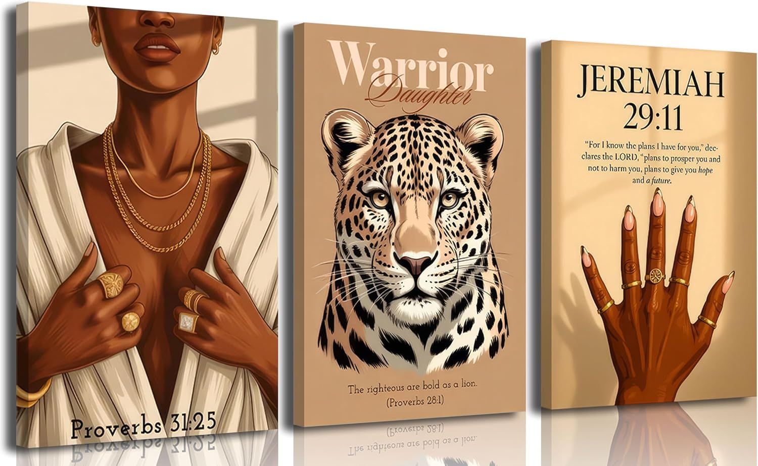 16"x24" 3Pcs Black Woman/ Leopard Canvas Wall Art Christian Bible Verse Wall Decor, Framed