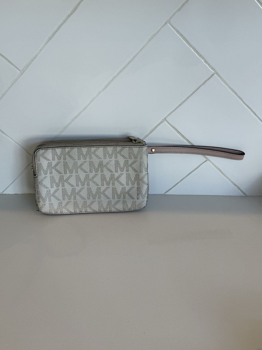 Michael Kors MK Signature Canvas & Leather Wristlet - White/Pink, Dual Zip