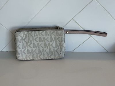 Michael Kors MK Signature Canvas & Leather Wristlet - White/Pink, Dual Zip