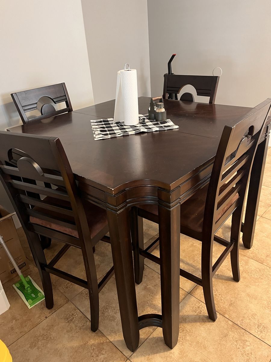 Dark Wood Counter-Height Dining Table Set with 4 Padded Chairs
