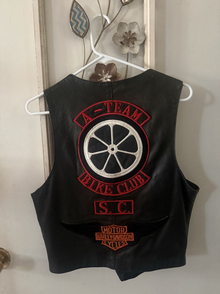 Black Leather Motorcycle Vest with A-Team Bike Club Patches