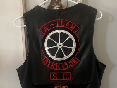 Black Leather Motorcycle Vest with A-Team Bike Club Patches