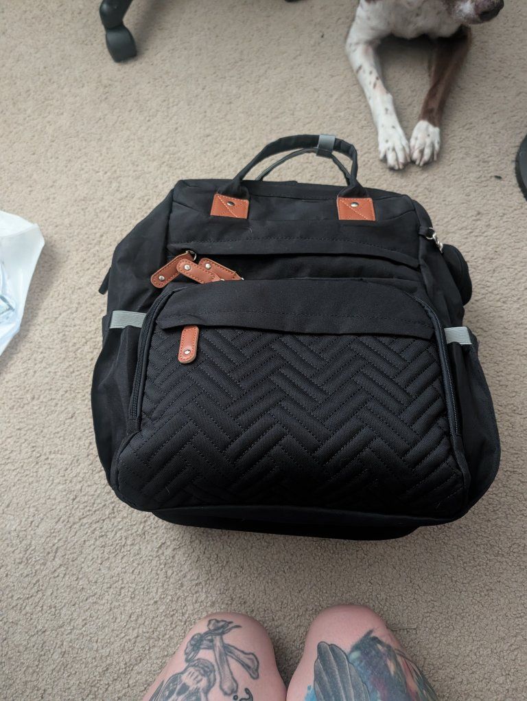 Black Quilted Diaper Bag Backpack with Insulated Pockets and Changing Pad