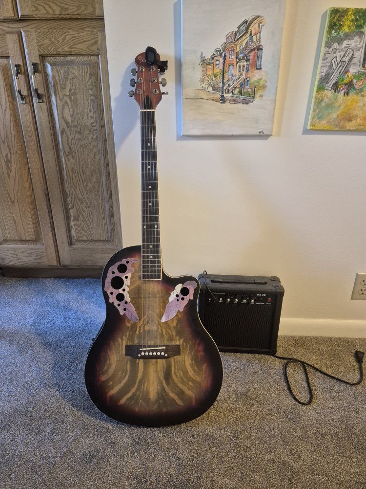 Ovation Acoustic Electric Guitar with Multi Soundholes Sunburst Finish plus amplifier