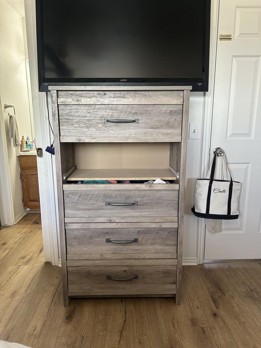 Rustic Gray Wood Dresser with Open Shelf and 4 Drawers