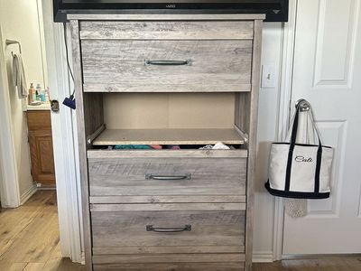 Rustic Gray Wood Dresser with Open Shelf and 4 Drawers