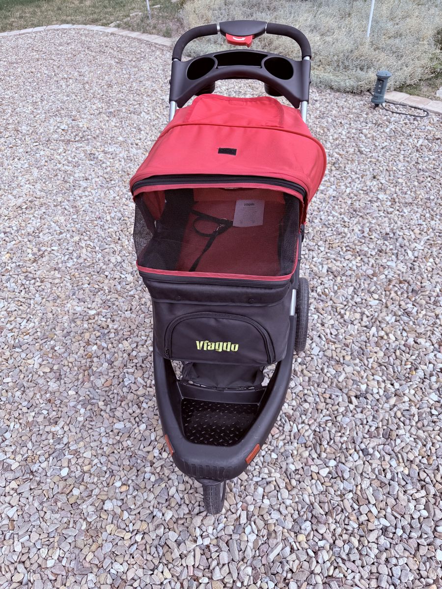 Viagdo Red and Black Pet Stroller with Mesh Windows and Cup Holders