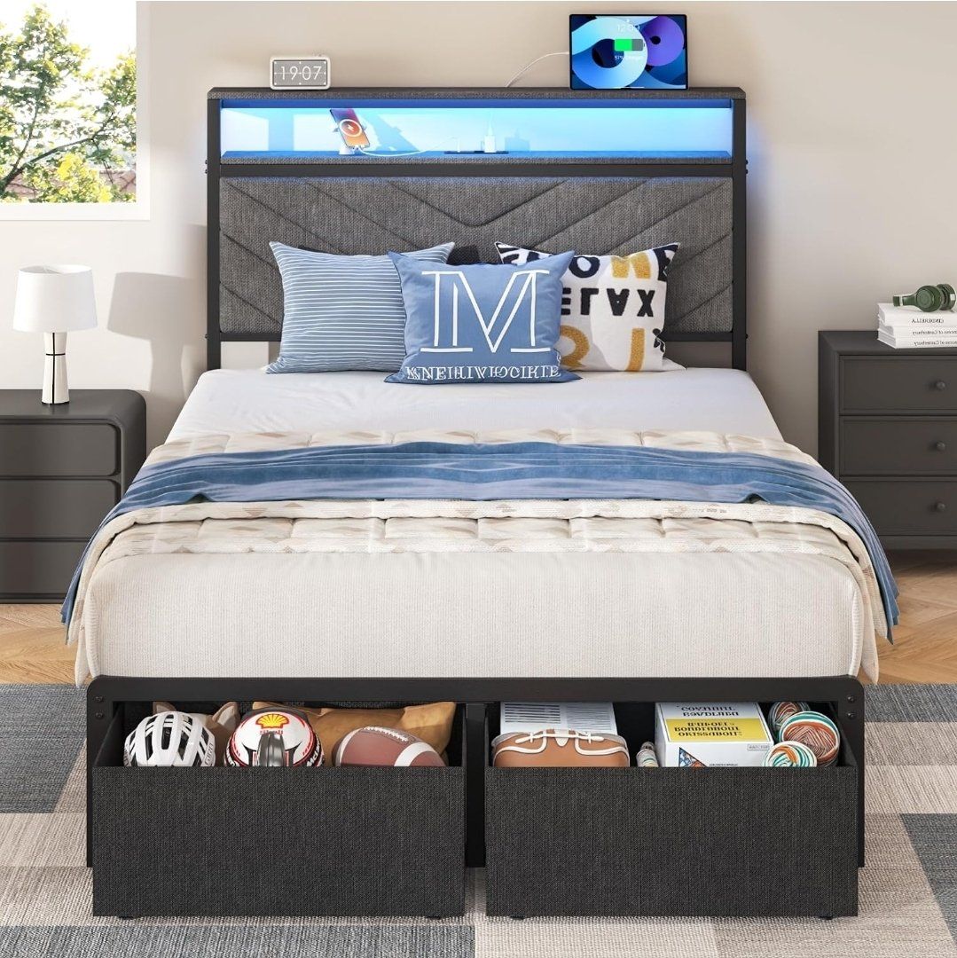 Twin Size Upholstered Bed Frame with LED Lights, Storage Drawers & Charging Station #506