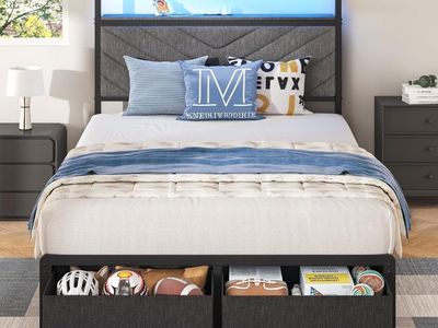 Twin Size Upholstered Bed Frame with LED Lights, Storage Drawers & Charging Station #506