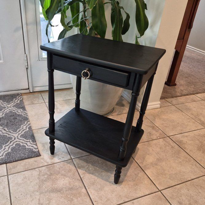 Black Wooden End Table Nightstand with Drawer & Lower Shelf