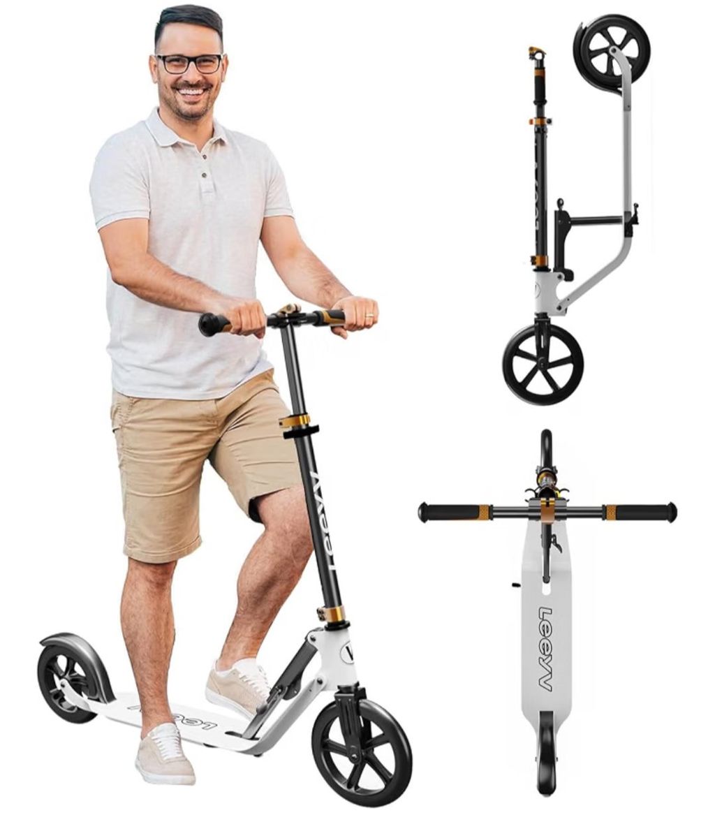 Adult Kick Scooter, White/Black, Folding, Adjustable Handlebar, Commuter Scooter