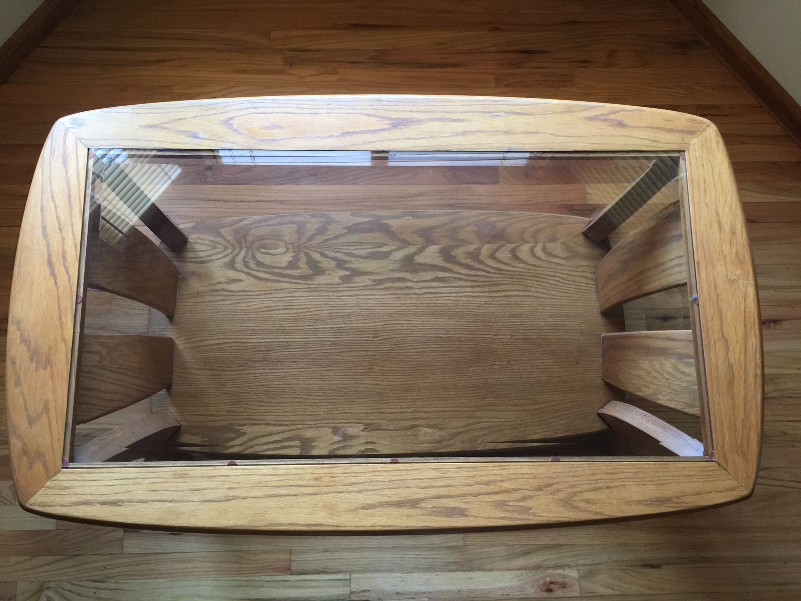 Solid Oak Coffee Table with Inset Glass Top and Bottom Shelf