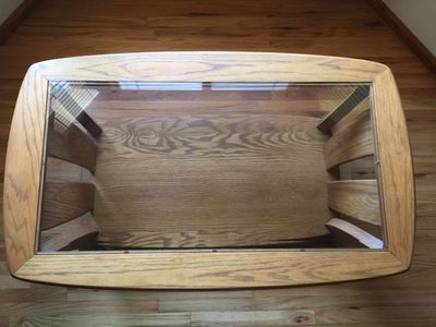 Solid Oak Coffee Table with Inset Glass Top and Bottom Shelf