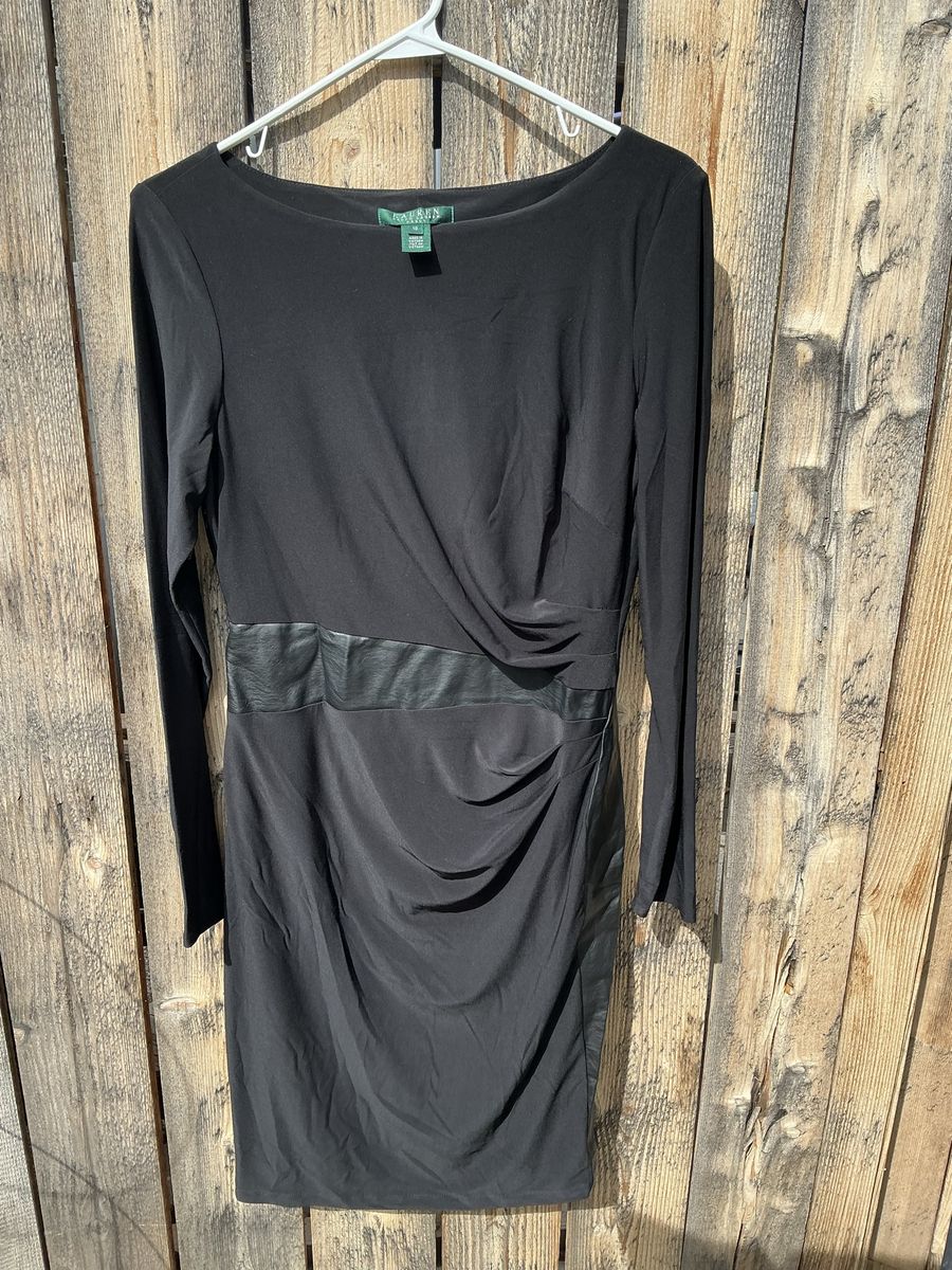 Lauren Ralph Lauren Faux Leather Trim Ruched Sheath Dress Black L