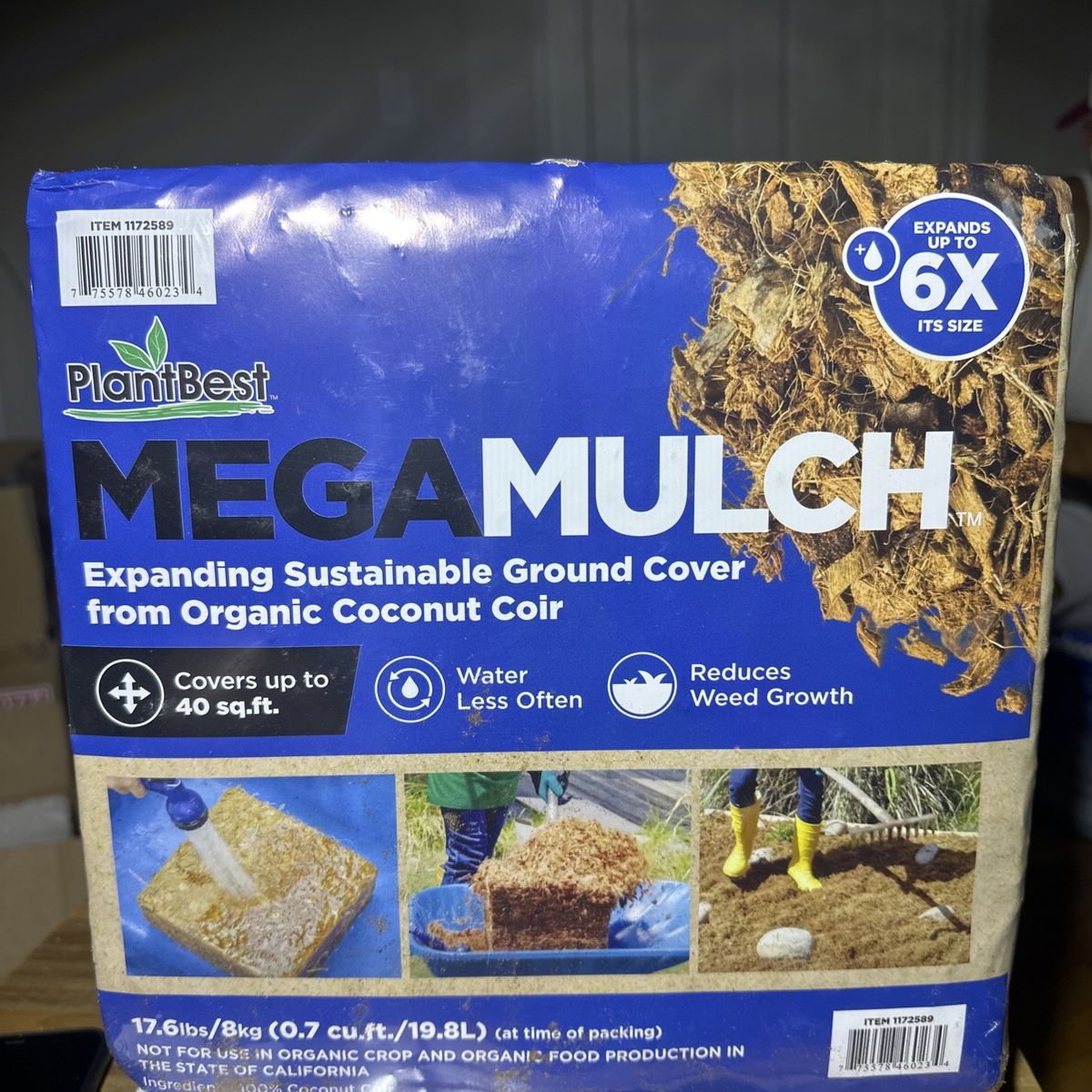 MegaMulch Expanding Mulch Soil Cover 40 Sq.ft 17.6Lbs From Organic Coconut Coir Weed Growth