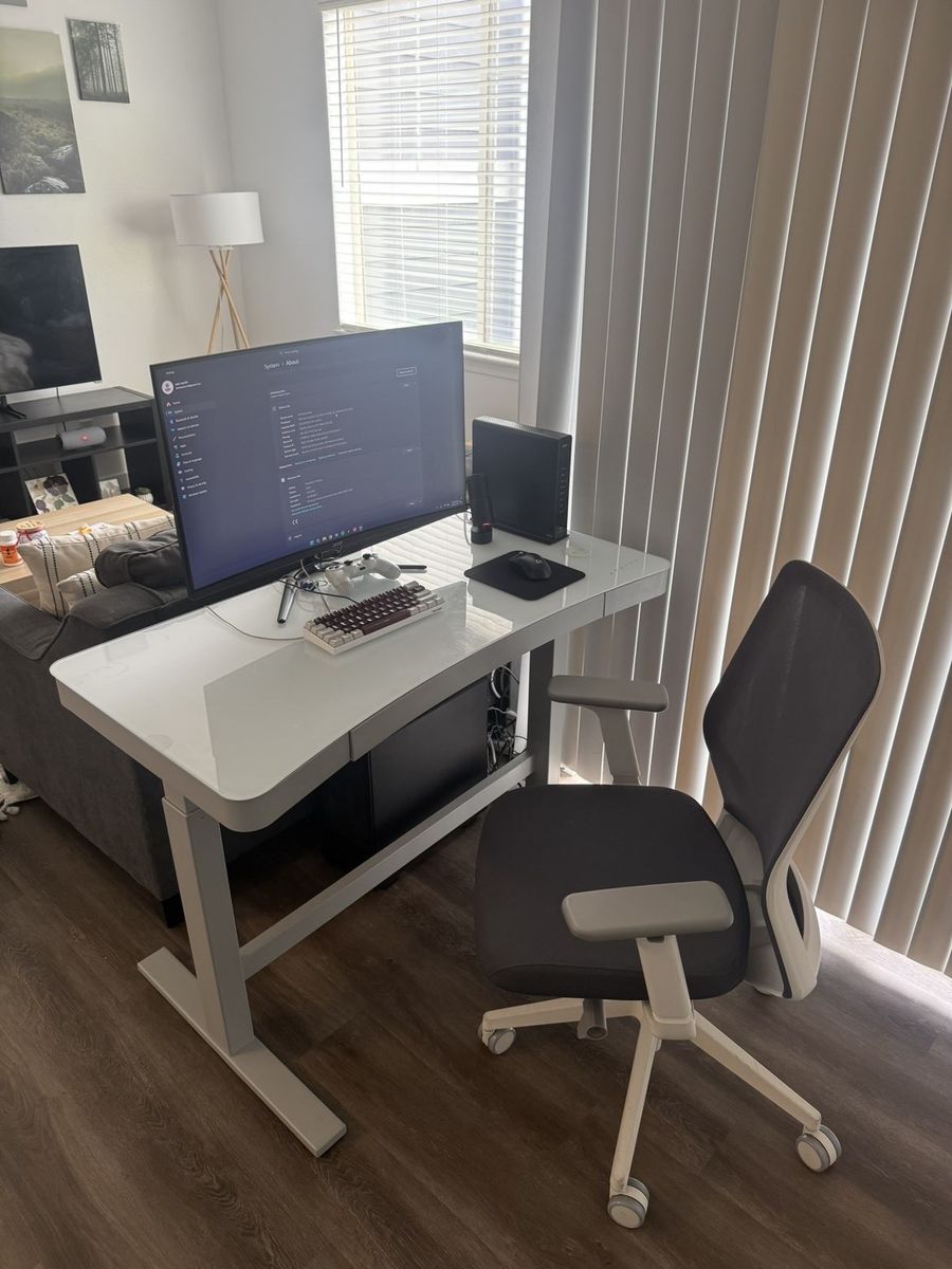 Electric Glass Top Standing Desk with Storage Drawer and Ergonomic Office Chair