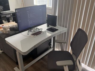 Electric Glass Top Standing Desk with Storage Drawer and Ergonomic Office Chair