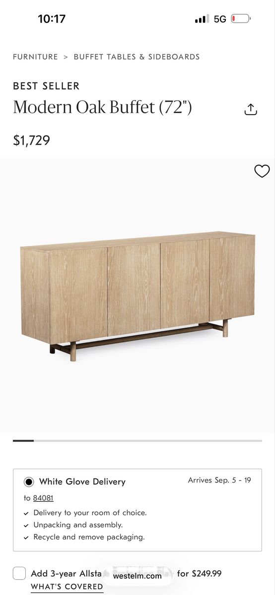 West Elm Modern Oak Buffet (72") - Excellent Condition Sideboard