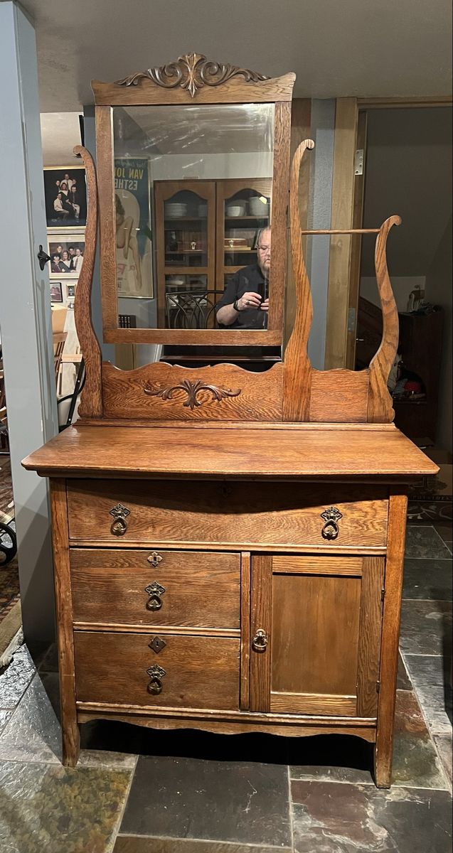 Antique Oak Dresser with Ornate Mirror - Vintage Wood Vanity Console Table. $150