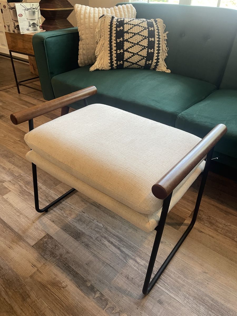 Mid-Century Modern Upholstered Ottoman Bench with Wooden Handles & Metal Frame
