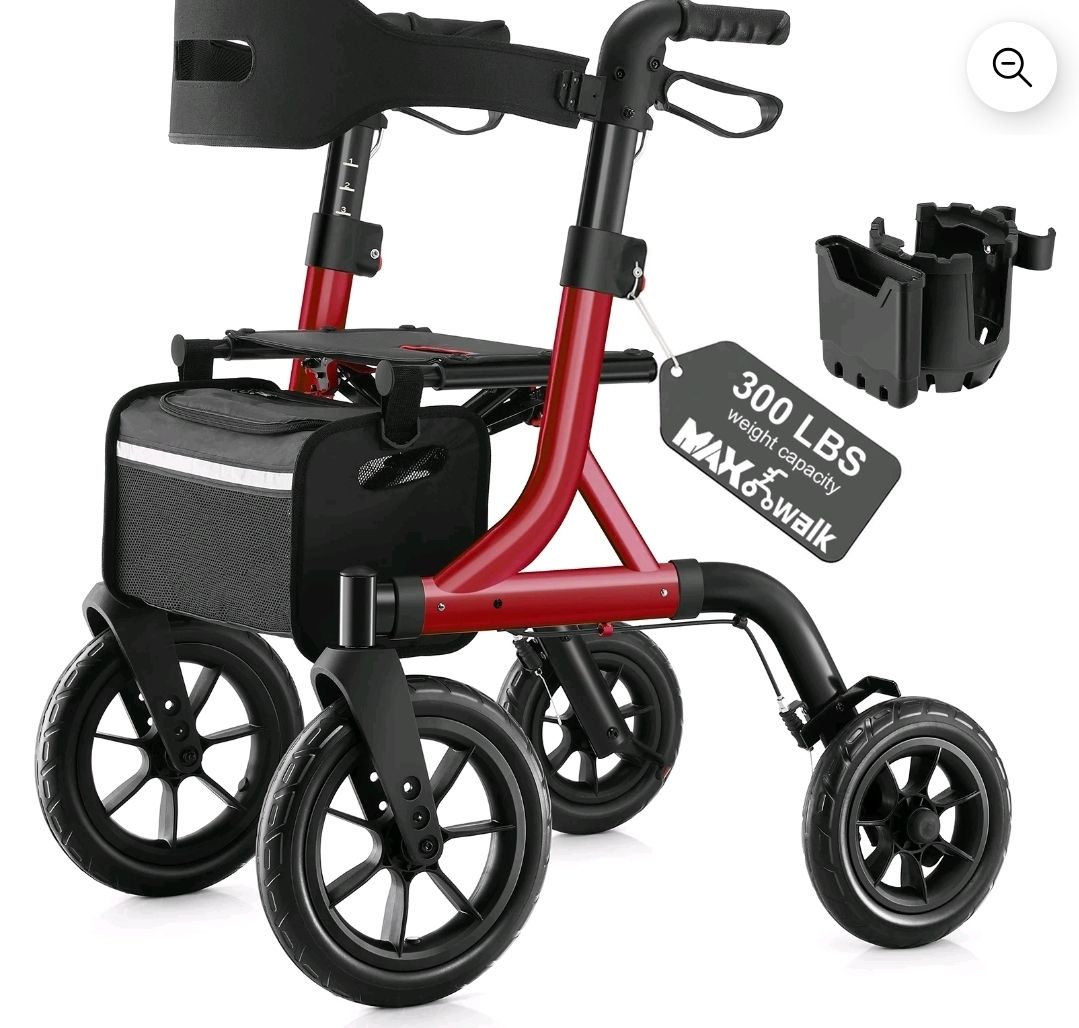 MAXWALK All-Terrain Rollator Walker - 12" Rubber Wheels - Red